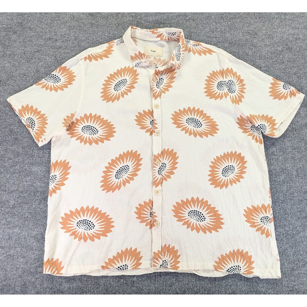 Folk Mens Sunflower Print Linen Blend Short Sleeve Button Down Shirt XL White